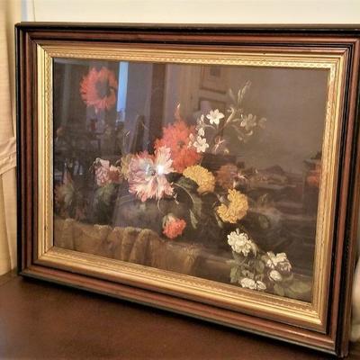 Lot #300 Large Floral Print in Antique Frame - deep colors