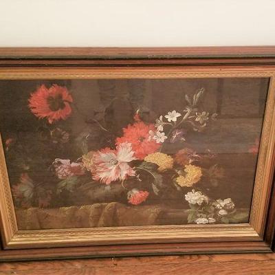 Lot #300 Large Floral Print in Antique Frame - deep colors