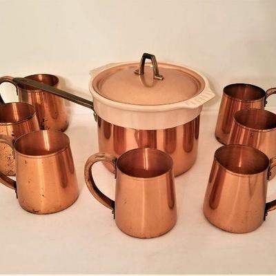Lot #303  Copper Lot - Revere Ware Double Boiler and 7 Moscow Mule Cups