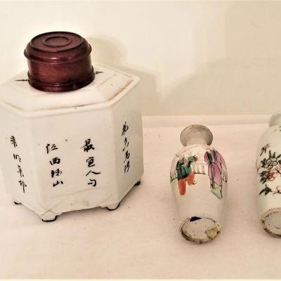 Lot #305  Three Piece Antique Chinese Lot - Tea Caddy with lid and 2 vases