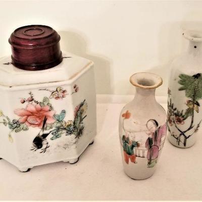 Lot #305  Three Piece Antique Chinese Lot - Tea Caddy with lid and 2 vases