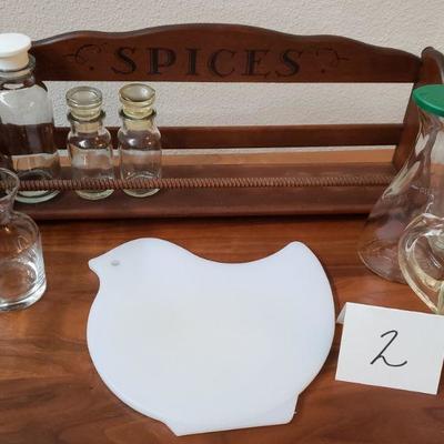 Lot 2: Spice Rack, Chicken Cutting Board, Measuring Cups & Jars Lot
