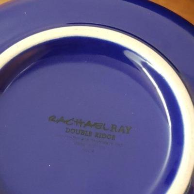 Lot 8: (2) Blue Rachael Ray Bowls, Studio Nova Quiche Dish, (6) Blue Striped Rim Corelle Corning Plates