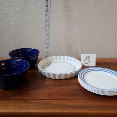 Lot 8: (2) Blue Rachael Ray Bowls, Studio Nova Quiche Dish, (6) Blue Striped Rim Corelle Corning Plates