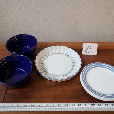Lot 8: (2) Blue Rachael Ray Bowls, Studio Nova Quiche Dish, (6) Blue Striped Rim Corelle Corning Plates