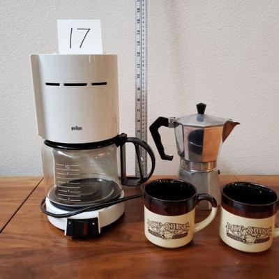 Lot 17: Braun Coffee Maker, Mid Century Italian Moka Express, 2 Rise and Shine Homemade Biscuits Coffee Mugs
