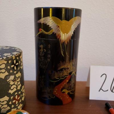Lot 26: Asian Metal Tins (2), Wooden Spoons (3), Chopstick Sets (3)