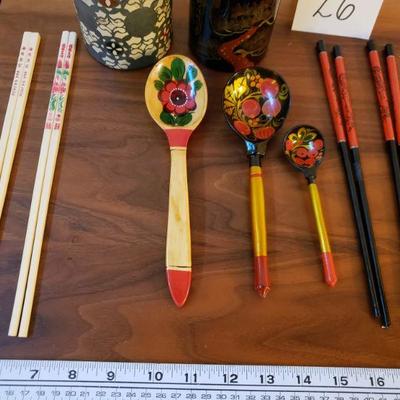 Lot 26: Asian Metal Tins (2), Wooden Spoons (3), Chopstick Sets (3)