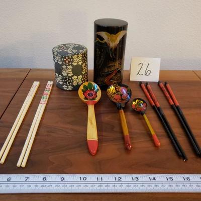 Lot 26: Asian Metal Tins (2), Wooden Spoons (3), Chopstick Sets (3)