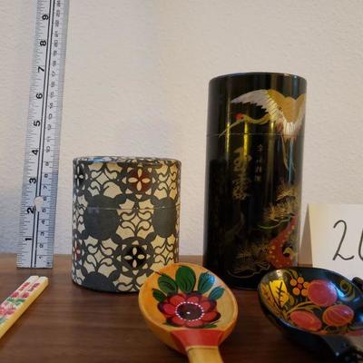 Lot 26: Asian Metal Tins (2), Wooden Spoons (3), Chopstick Sets (3)