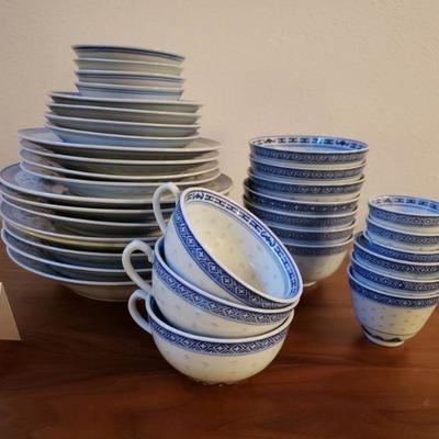 Lot 27: Jingdezhen China Rice Grain Blue & White - Flower & Dragon Porcelain Dish Set