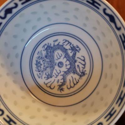 Lot 27: Jingdezhen China Rice Grain Blue & White - Flower & Dragon Porcelain Dish Set