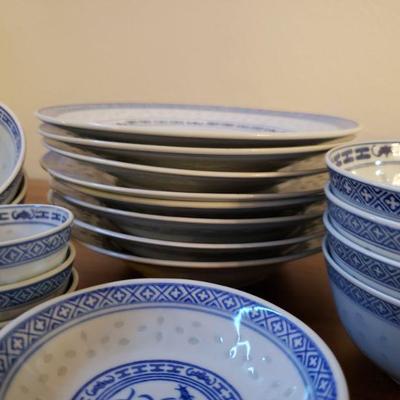 Lot 27: Jingdezhen China Rice Grain Blue & White - Flower & Dragon Porcelain Dish Set