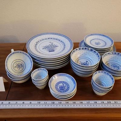 Lot 27: Jingdezhen China Rice Grain Blue & White - Flower & Dragon Porcelain Dish Set