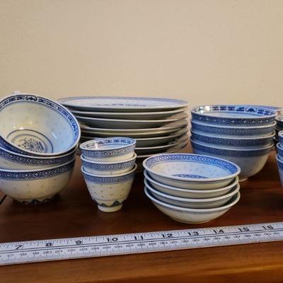 Lot 27: Jingdezhen China Rice Grain Blue & White - Flower & Dragon Porcelain Dish Set