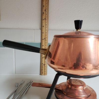 Lot 29:  Mid Century Modern Copper Fondue Pot & Fondue Utensils 