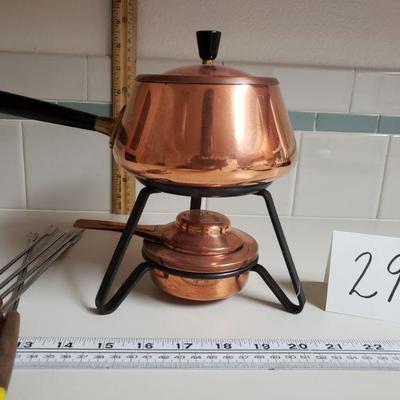 Lot 29:  Mid Century Modern Copper Fondue Pot & Fondue Utensils 
