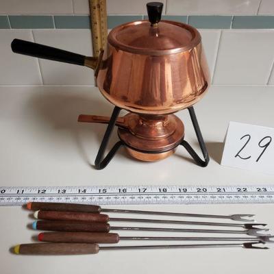 Lot 29:  Mid Century Modern Copper Fondue Pot & Fondue Utensils 