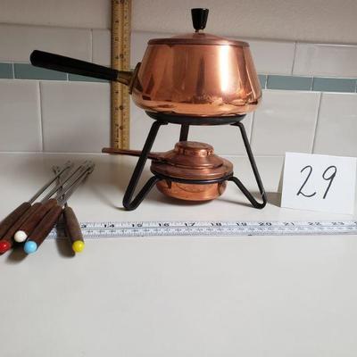 Lot 29:  Mid Century Modern Copper Fondue Pot & Fondue Utensils 