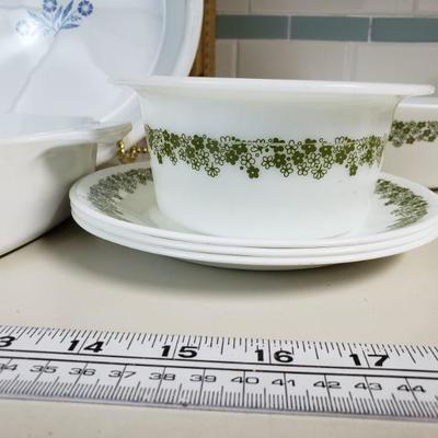 Lot 30: Vintage Green Flower Corelle Dishes & 2 Corning Ware Cornflower Dishes