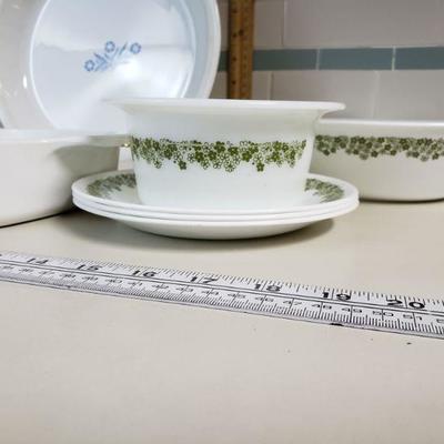 Lot 30: Vintage Green Flower Corelle Dishes & 2 Corning Ware Cornflower Dishes