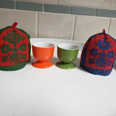 Lot 32: Mid Century Modern Georges Bertrand Green Tray, (2) Egg Cups & Cozies, 2 Plates 