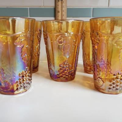 Lot 34: (5) Yellow Iridescent Carnival Grape Motif Glasses