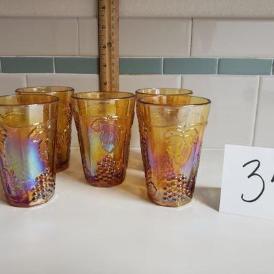 Lot 34: (5) Yellow Iridescent Carnival Grape Motif Glasses