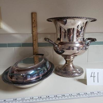 Lot 41: Silverplate Champagne Bucket and Serving Dish with Lid