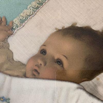 LOT 53  ANTIQUE BABY COLLAGE PICTURE TEXTILE RIBBON LACE LITHOGRAPH 