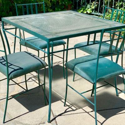 LOT 134  VINTAGE MCM WROUGHT IRON CARD G;ASS TOP TABLE & 4 CHAIRS
