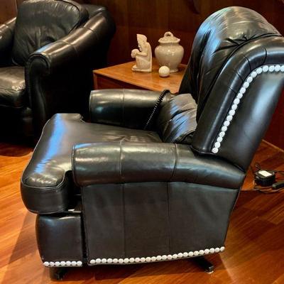 AEC 158  OKIN LIFT CHAIR BLACK LEATHER METAL TACKS 