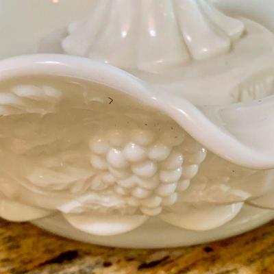 LOT 167  ANTIQUE MILK GLASS SET BOWL & CANDLE HOLDERS GRAPE PATTERN 