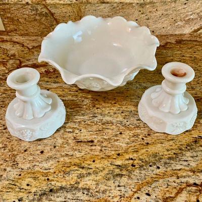 LOT 167  ANTIQUE MILK GLASS SET BOWL & CANDLE HOLDERS GRAPE PATTERN 