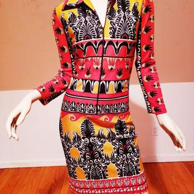 Vtg Paisley Wiggle dress front zipper burnt Circa 1970's