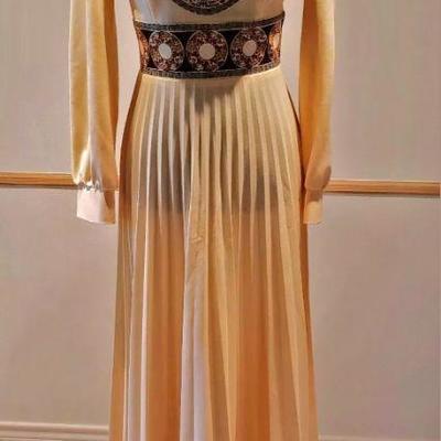 Vtg Alfred Shaheen hand painted print Egyptian Revival Pleated maxi Dress  Circa 1960's