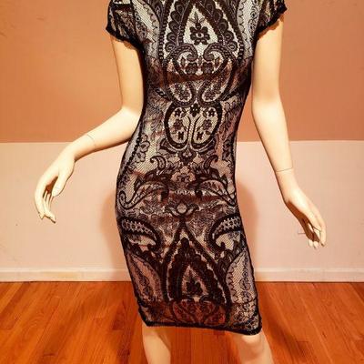 Vtg Black lace Illusion Cocktail Body Con Dress
