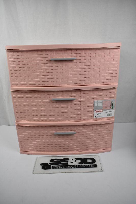 Sterilite Plastic 3 Drawer Wide Weave Tower Blush Pink 