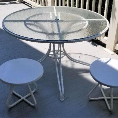 Lot #344  Frosted Glass Patio Set - Table with two stools