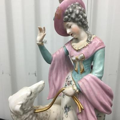 Meissen Style Fine Porcelain Lady and Dog 12â€ Figurine