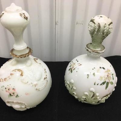 Pair of Antique Victorian Satin White Glass Decanters