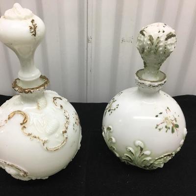 Pair of Antique Victorian Satin White Glass Decanters