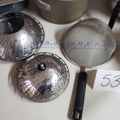 Lot 53: Mix of Pots, Steamer Baskets and a Strainer
