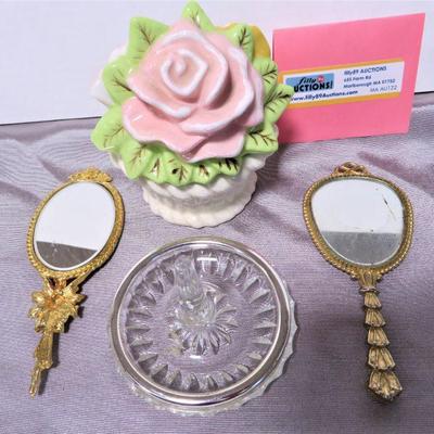 Vintage Mini Hand Mirrors, Silver rim Ring Holder & Floral Trinket Covered Dish LOT