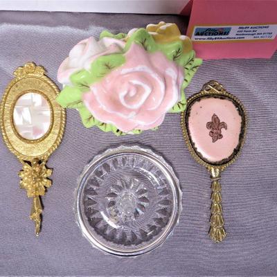 Vintage Mini Hand Mirrors, Silver rim Ring Holder & Floral Trinket Covered Dish LOT