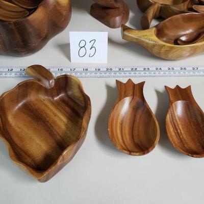 Lot 83: Mid Century Modern Monkey Pod Wood Bowls, Utensils & Fish Sculpture 