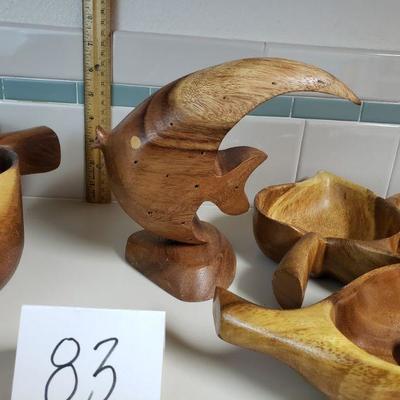 Lot 83: Mid Century Modern Monkey Pod Wood Bowls, Utensils & Fish Sculpture 