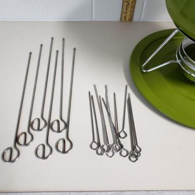 Lot 96: Mid Century Avocado Green Fondue Pot and Skewers
