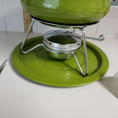 Lot 96: Mid Century Avocado Green Fondue Pot and Skewers