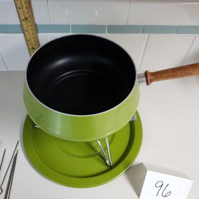 Lot 96: Mid Century Avocado Green Fondue Pot and Skewers